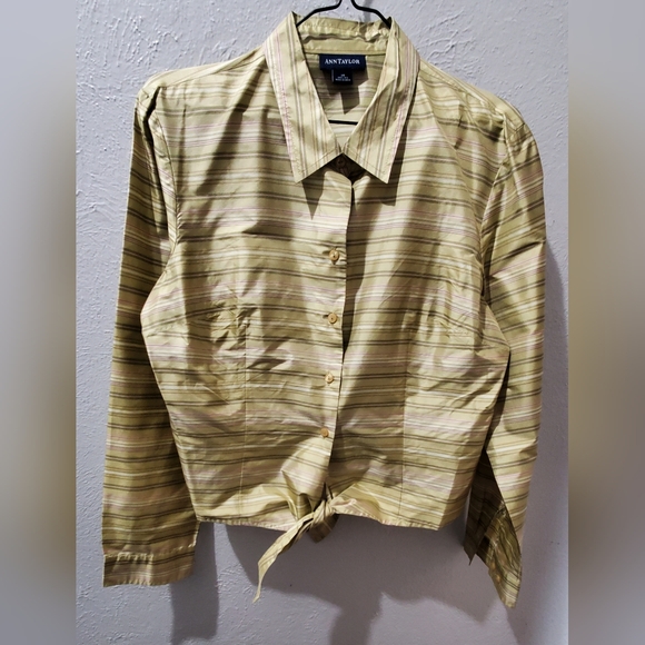 Pinstripe button down shirt Gold, pink and tan . Ann Taylor 100% silk - Picture 2 of 7
